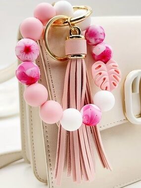 Pink Beaded Tassel Keychain Wristlet